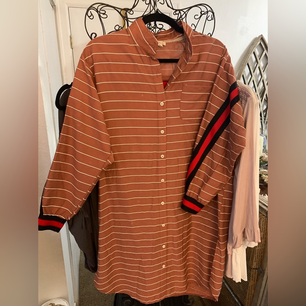 POL Striped Button-Down Shirt dress with Red and Black accent Stripes